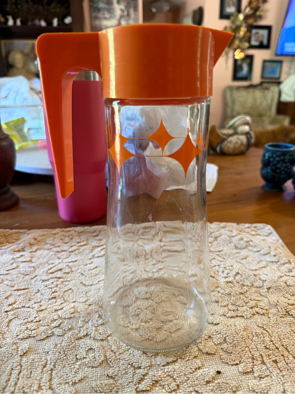 Orange Retro Glass Pitcher with Lid and Handle